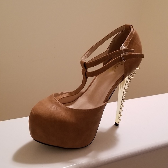 Shoes - Tan Platform Heels with Gold Spikes